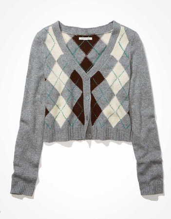 AE Cropped Argyle Button-Up Cardigan