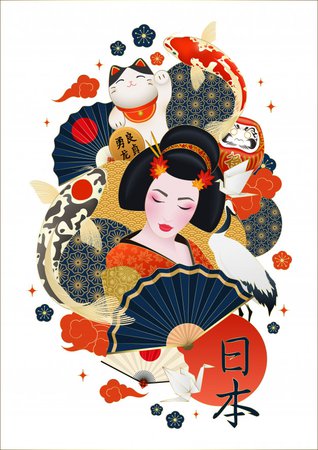 Japanese geisha surrounded with colorful carps and japanese elements | Free Vector