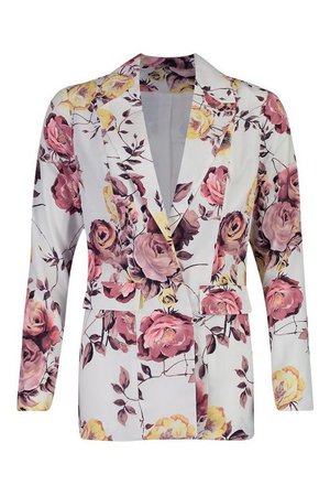 Premium Floral Print Satin Blazer Jacket | Boohoo White