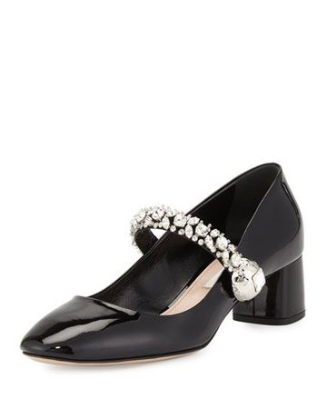 Black Mary Jane Low Heels w/ Diamond Ankle Strap