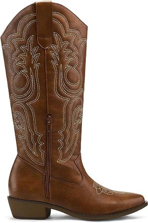 mysoft Women's Cowboy Boots Mid Calf Cowgirl Boots Embroidered Western Pointed Toe Chunky Heel Pull On Knee High Boots : Clothing, Shoes & Jewelry