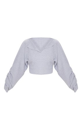 Grey Ribbed Ruched Sleeve Sweater
