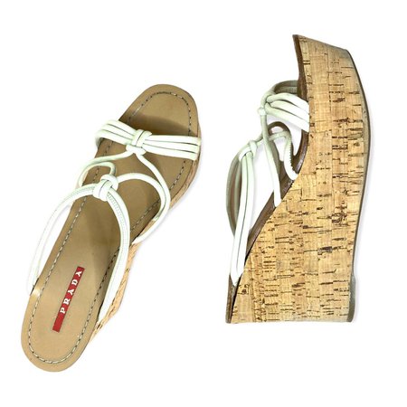 PRADA Strappy Knot Cork Wedge Sandals in white... - Depop