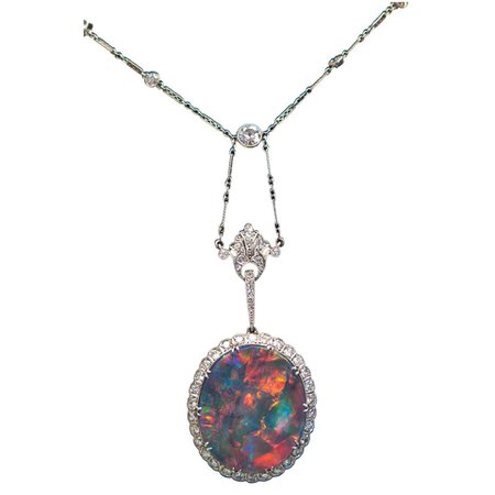 Extraordinary Edwardian Lightning Ridge Black Opal Diamond Necklace For Sale at 1stDibs