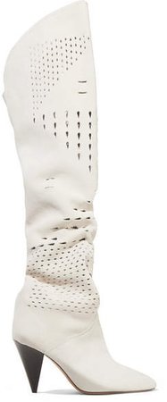 Lyde Laser-cut Suede Thigh Boots - White