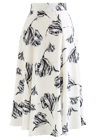 Floral Sketch Seam Detailing Flare Midi Skirt