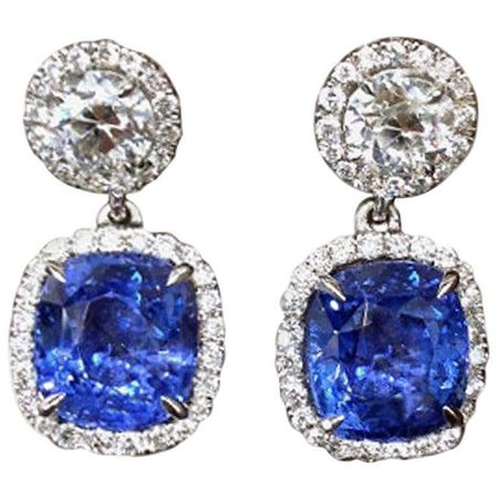 Unique GIA Natural No Heat Ceylon Cushion Sapphire and Diamond Earrings For Sale at 1stDibs