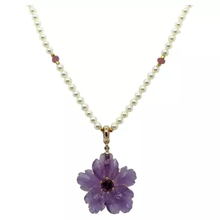 Handcarved Amethyst Flower, Rhodolite, Pearl and Tourmaline Bead Necklace For Sale at 1stDibs