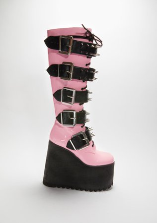 Widow Vegan Leather Buckle Platform Boots - Pink | Dolls Kill