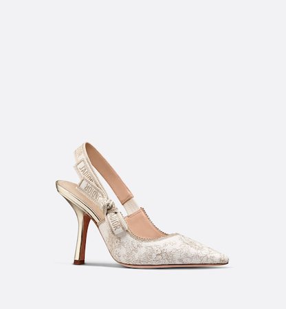 J'Adior Slingback Pump White and Gold-Tone Toile de Jouy Embroidered Cotton with Metallic Thread | DIOR