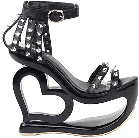 *clipped by @luci-her* Punk Black Spikes Strappy Heart Heel Wedge Sandals, LF40204 | Heeled Sandals
