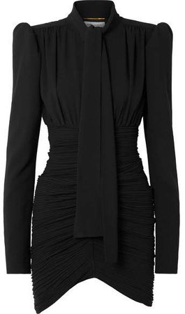 Tie-front Ruched Crepe Mini Dress - Black