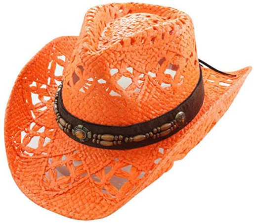 Vamuss Straw Cowboy Hat W/Vegan Leather Band & Beads, Shapeable Brim (Orange) at Amazon Women’s Clothing store