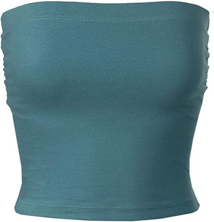MixMatchy Women's Solid Casual Summer Side Shirring Scrunched Double Layered Tube Top Teal S at Amazon Women’s Clothing store