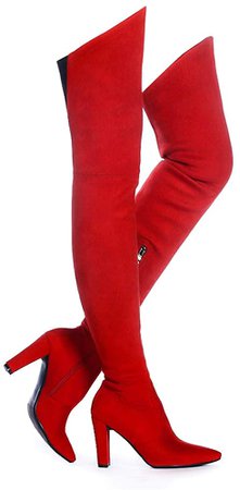 Amazon.com | Shoe'N Tale Women Stretch Suede Chunky Heel Thigh High Over The Knee Boots(8, Red) | Over-the-Knee