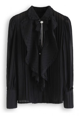 Crystal Lace Brooch Pleated Sheer Top in Black - NEW ARRIVALS - Retro, Indie and Unique Fashion