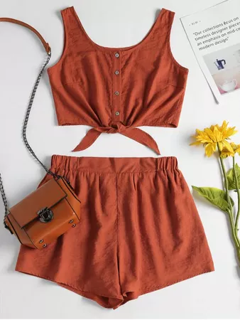 Sleeveless Button Up Crop Top And Shorts Set DARK ORANGE: Two-Piece Outfits S | ZAFUL