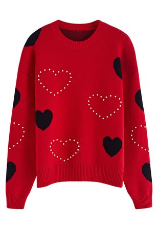 Passionate Heart Pearl Trim Knit Sweater in Red - Retro, Indie and Unique Fashion