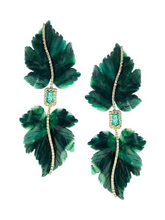 Casa Castro Mother Nature Carved African Jade, Emerald & Diamond Leaf Double-Drop Clip-On Earrings | SaksFifthAvenue