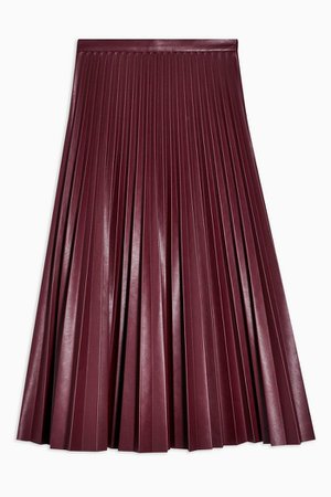 Burgundy Pleated PU Midi Skirt | Topshop