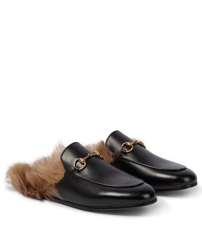 Princetown Fur-Lined Leather Slippers - Gucci | mytheresa.com