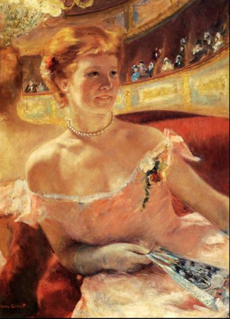 woman with a pearl necklace in a loge by Mary Cassatt