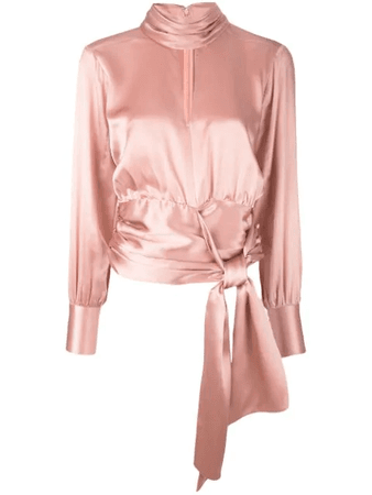 Cinq À Sept Jacqueline High-Neck Satin Tie-Front Top In Peony Pink | ModeSens