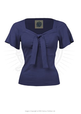 Vintage Style Pretty Tie Jersey Top in Navy