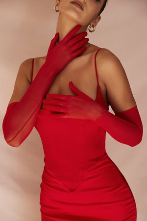 Accessories : 'Esther' Scarlet Mesh Opera-length Gloves