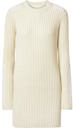 Velvet-trimmed Ribbed Cotton And Cashmere-blend Mini Dress - Cream