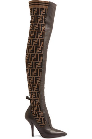 Fendi | Rockoko logo-jacquard stretch-knit and leather over-the-knee boots | NET-A-PORTER.COM