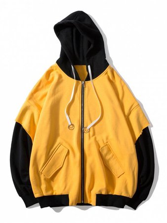 [52% OFF] 2019 False Two Pieces Zipper Drawstring Letter Hoodie In BRIGHT YELLOW M | ZAFUL