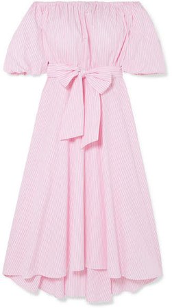 Off-the-shoulder Belted Striped Cotton-poplin Midi Dress - Pastel pink