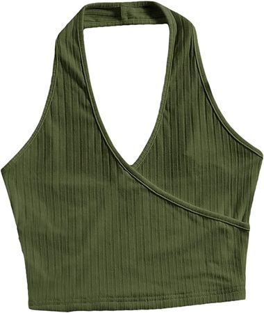 SheIn Women's Casual Sleeveless Halter Top Rib Knit Solid Tanks Shirt Army Green Small at Amazon Women’s Clothing store