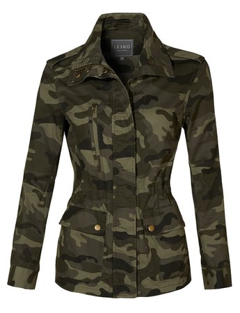 LE3NO Womens Long Sleeve Drawstring Waist Camo Military Anorak Jacket with Pockets | LE3NO green