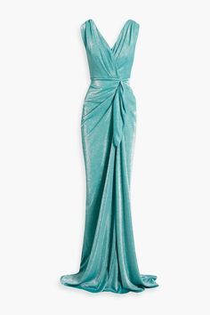Draped Ruched Glittered Aqua Gown