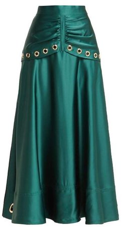 Self Portrait Eyelet Embellished Satin Midi Skirt - Womens - Dark Green
