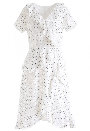Dots Ruffle Asymmetric Midi Dress in White - NEW ARRIVALS - Retro, Indie and Unique Fashion