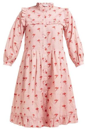 Ruffled Floral Print Cotton Dress - Womens - Pink Multi