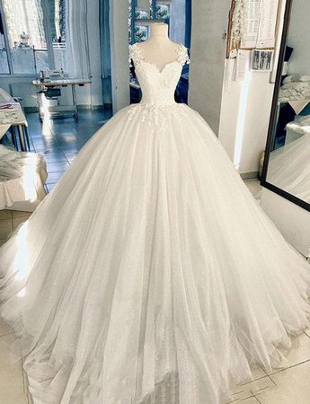 Elegant Straps White Tulle Floor Length Ball Gown Wedding Dress With Appliques