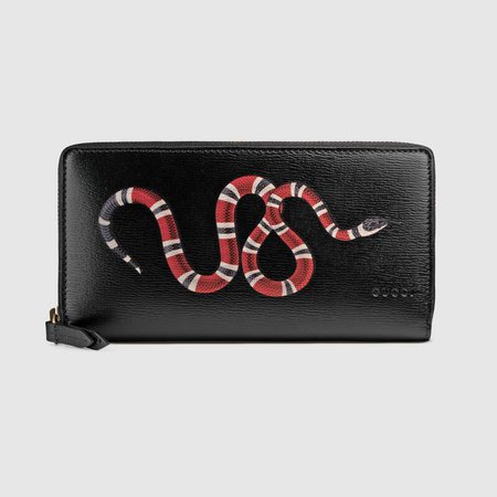 Black Leather Kingsnake print leather zip around wallet | GUCCI® US