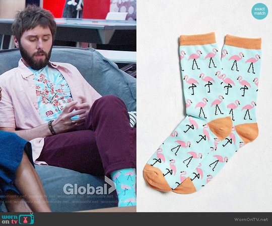 WornOnTV: Chewey’s cherry blossom tee and flamingo socks on I Feel Bad | James Buckley | Clothes and Wardrobe from TV