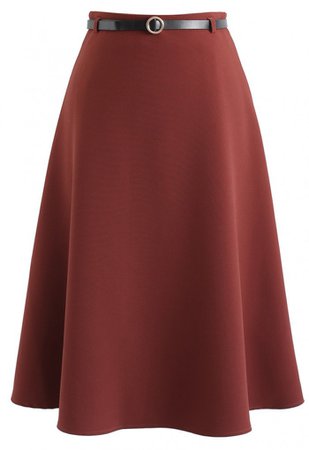 Belted A-Line Midi Skirt in Rust Red - NEW ARRIVALS - Retro, Indie and Unique Fashion