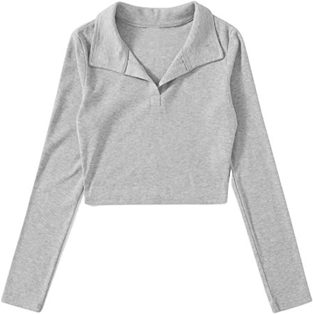SweatyRocks Women's Long Sleeve Crop Top Collar Neck Ribbed Knit Tee Shirt : Clothing, Shoes & Jewelry