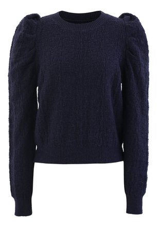 Puff-Shoulder Texture Knit Sweater in Navy - Retro, Indie and Unique Fashion