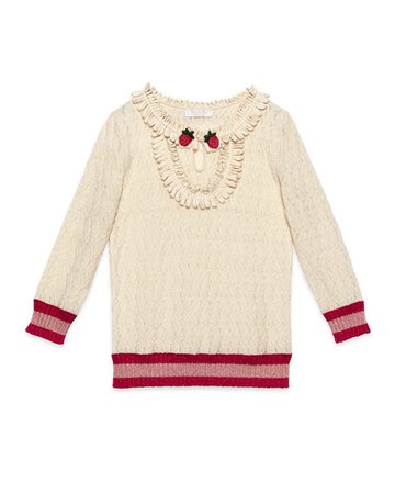 Gucci Silk-Blend Knit Ruffle-Trim Pullover Sweater, White/Red