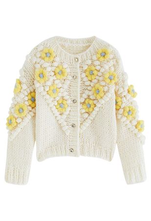 Yellow Stitch Flower Pom-Pom Knit Cardigan - Retro, Indie and Unique Fashion