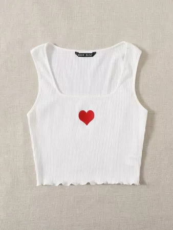 white Lettuce Trim Heart Embroidery Rib-knit Tank Top | SHEIN USA