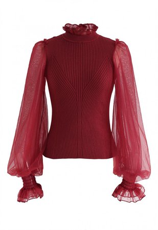 Sheer Bubble Sleeves Ribbed Knit Top in Red - NEW ARRIVALS - Retro, Indie and Unique Fashion