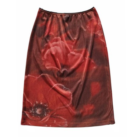90s Vintage Midi Skirt. Red floral skirt with satín... - Depop